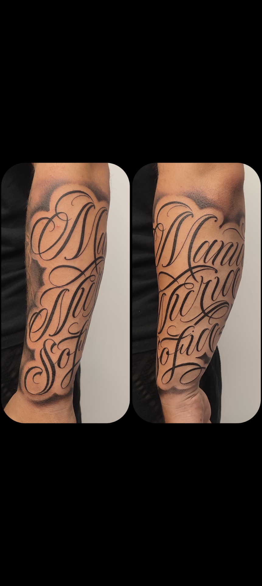 Tatuaje de lettering cursivo chicano con nombres en el antebrazo — estilo lettering en Madrid · As de Picas Madrid
